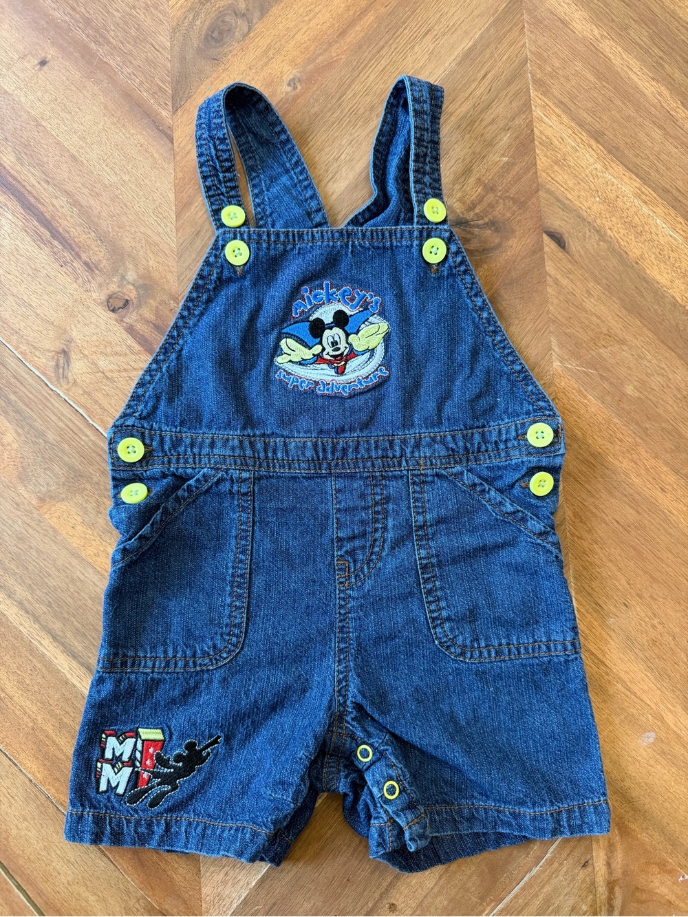 Vintage Baby Disney Mickey Mouse Denim Short Overalls 18-24M Embroidered